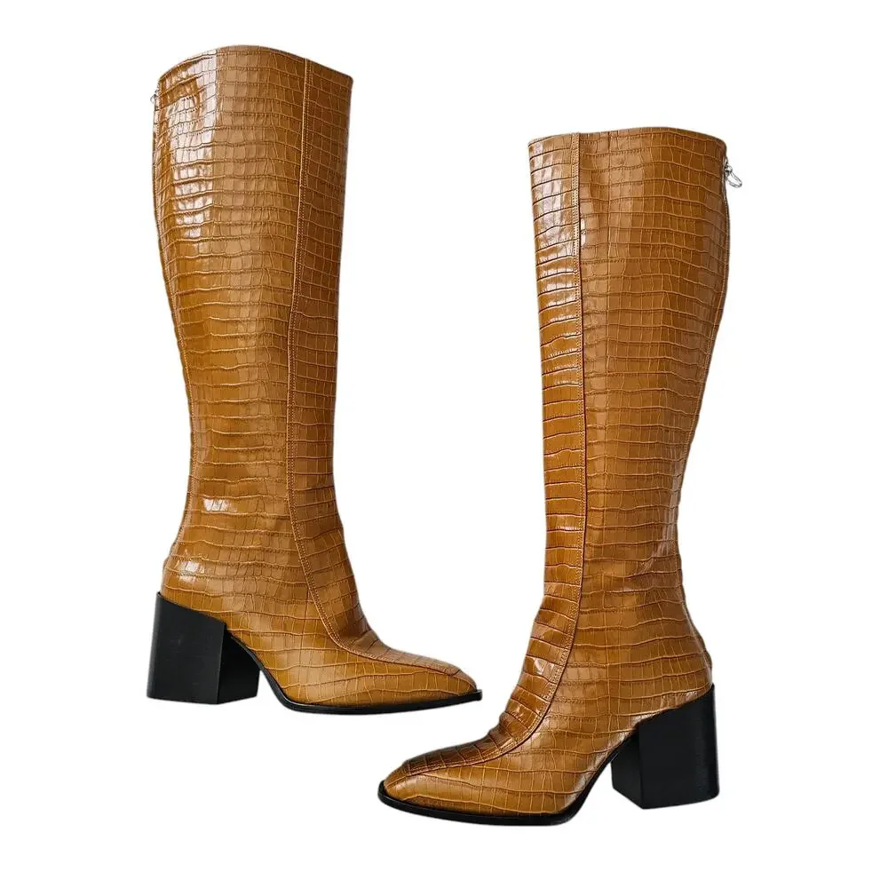 Aeyde Charlie Croc Embossed Knee High Heel Boot Size 36 US 6 Brown Leather Zip